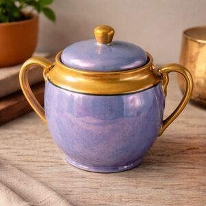 Vintage Japanese Lavender Lusterware Sugar Jar w Lid Gold Handles Mid Century
